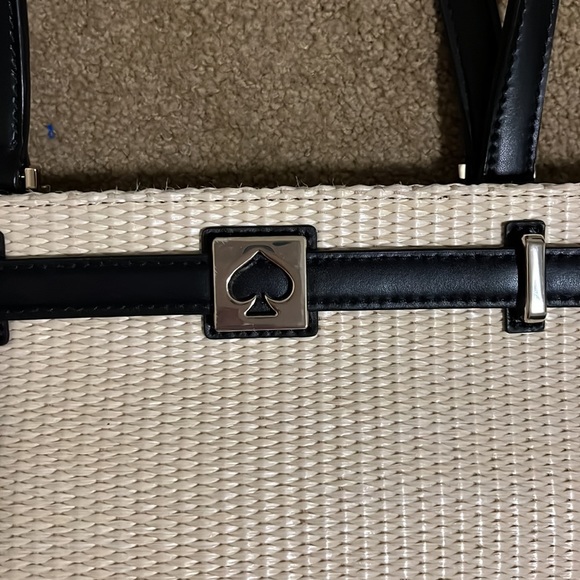 KATE SPADE Black Leather White Woven Patterned Silver Tone Hardware Tote Handbag - Picture 5 of 12